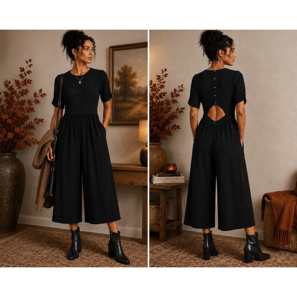S 144 ASOS Black Wide Leg Culotte Jumpsuit 100% Viscose Open Back Ruched Sleeve